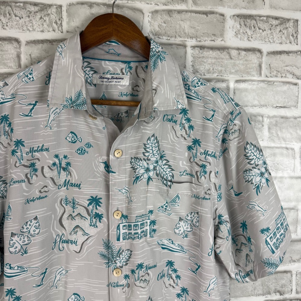 Tommy Bahama The Coconut Point Mens Medium Gray Teal Hawaiian Island Map Shirt
